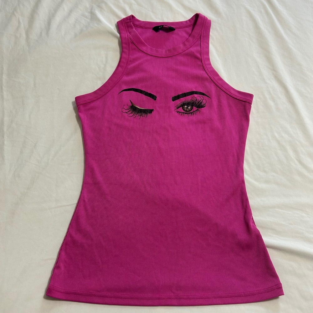 ChicMe‎ Hot Pink Ribbed Tank Top Winking Eye Graphic Sleeveless Racerback Large